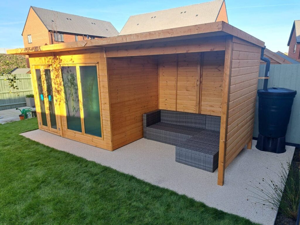 Freshly finished wooden garden cabin with a clean and natural look.